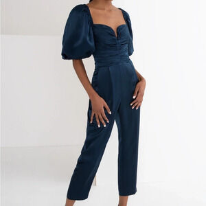 Amanda Uprichard Blue Jumpsuit with Puff Sleeves and Sweetheart Neckline